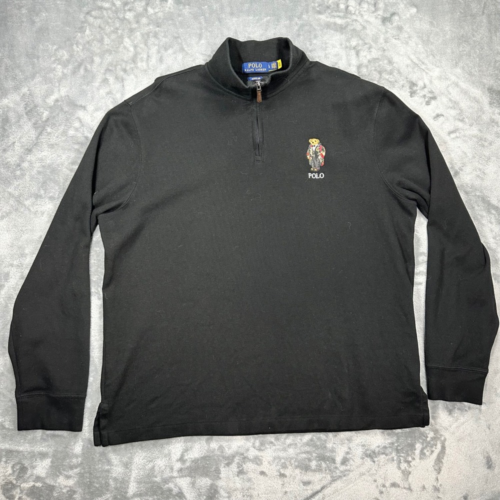 Polo Ralph Lauren Mens Black Estate Rib Polo Bear Quarter Zip Pullover Large